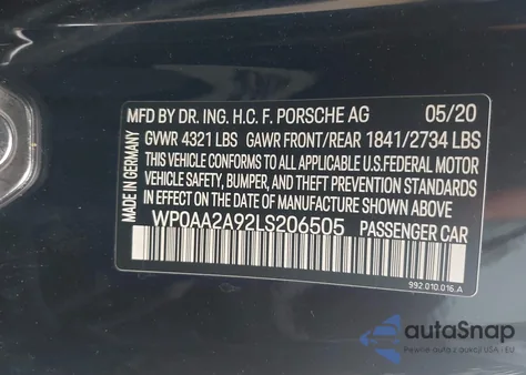 2020 Porsche 911 Carrera из США, поврежденный, VIN WP0AA2A92LS206505